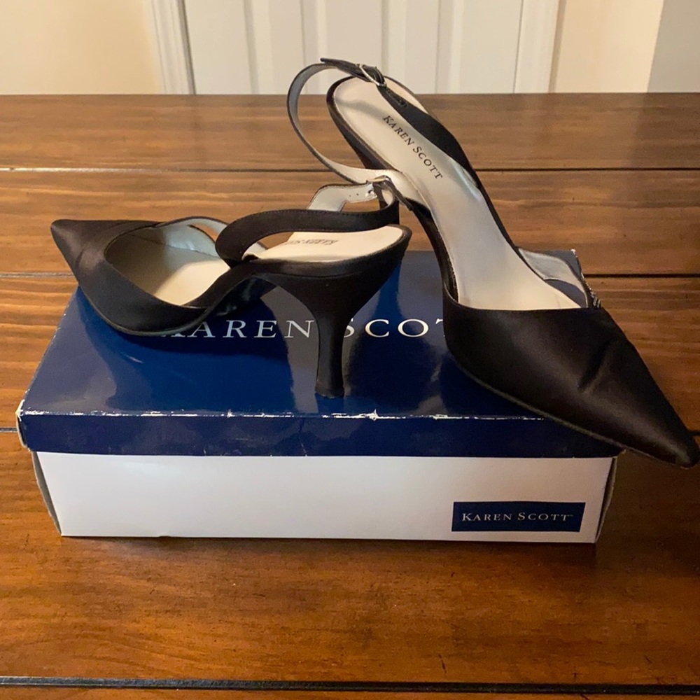 Karen Scott, black satin, sling back heel